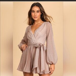 Lulu's Glittering Beige Wrap Mini Dress